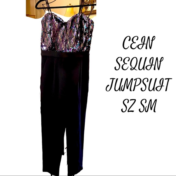 SEQUIN TOP JUMPSUIT SZ SM SILKY WITH SPAGHETTI STRAPS ZIP UP BACK Good Stretch - Picture 9 of 12